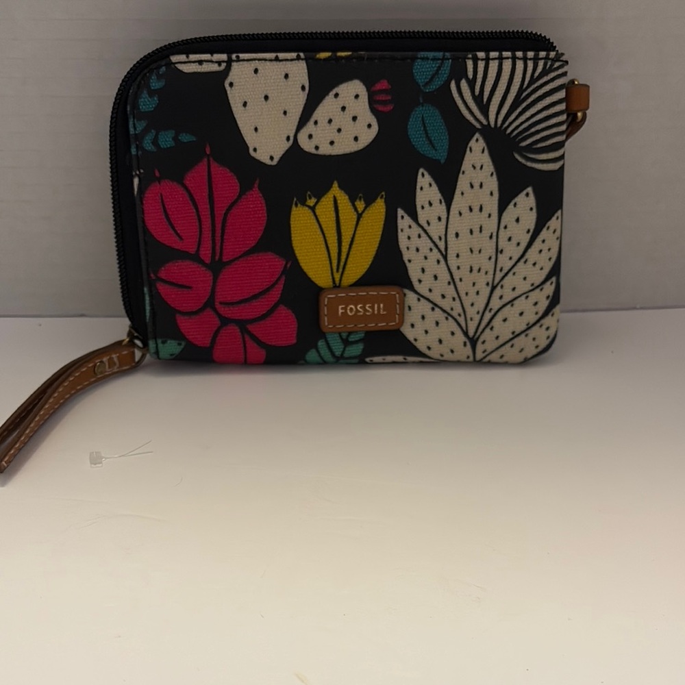Fossil Black Floral Wristlet with Pink and Yellow Accents